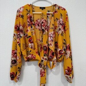Privy Privately Privileged Yellow Floral Tie Front Long Sleeve Crop Top‎